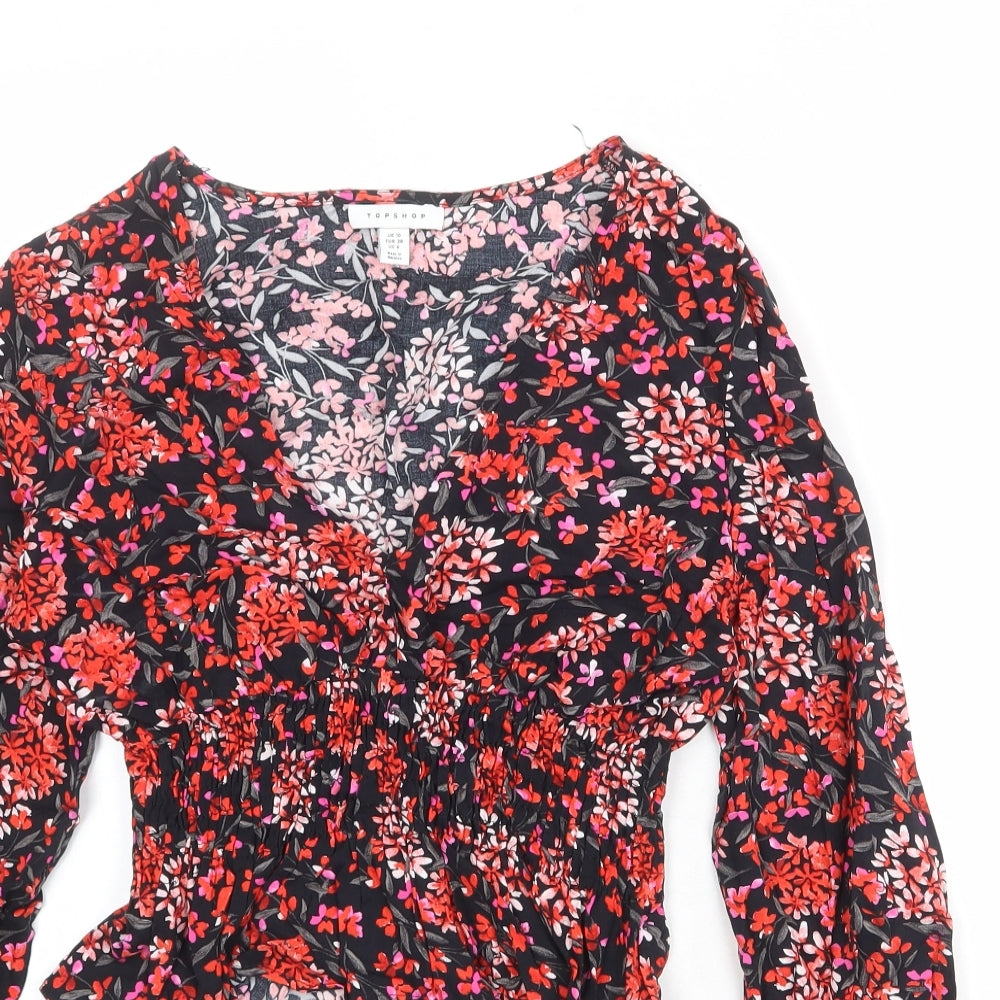 Topshop Womens Black Floral Viscose Basic Blouse Size 10 V-Neck