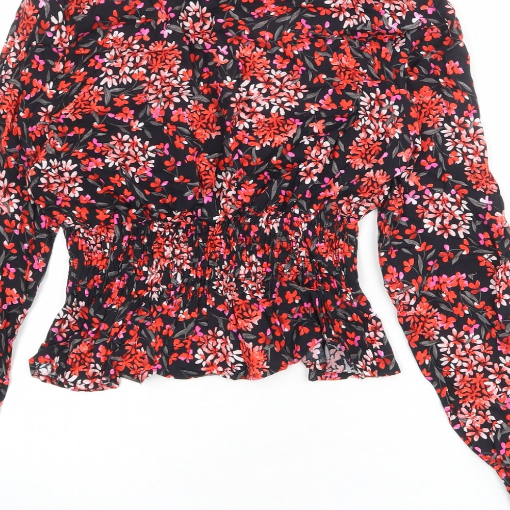 Topshop Womens Black Floral Viscose Basic Blouse Size 10 V-Neck