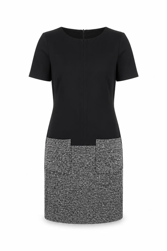 Front view of Marks & Spencer women’s black colourblock polyester sheath, size UK 8, boat neck zip