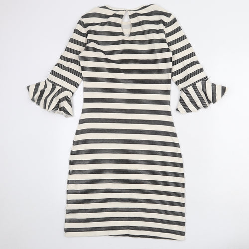 Limited Edition Womens Ivory Striped Cotton Pencil Dress Size 6 Round Neck Button - Ruffle Sleeve