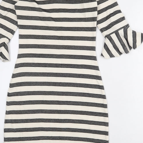 Limited Edition Womens Ivory Striped Cotton Pencil Dress Size 6 Round Neck Button - Ruffle Sleeve