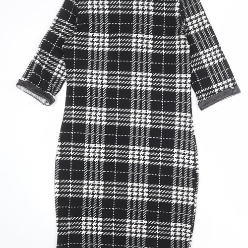 Krisp Womens Black Plaid Polyester Pencil Dress Size 8 Round Neck Zip