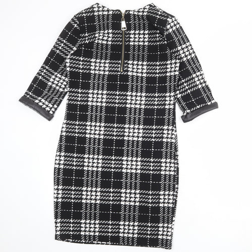 Krisp Womens Black Plaid Polyester Pencil Dress Size 8 Round Neck Zip