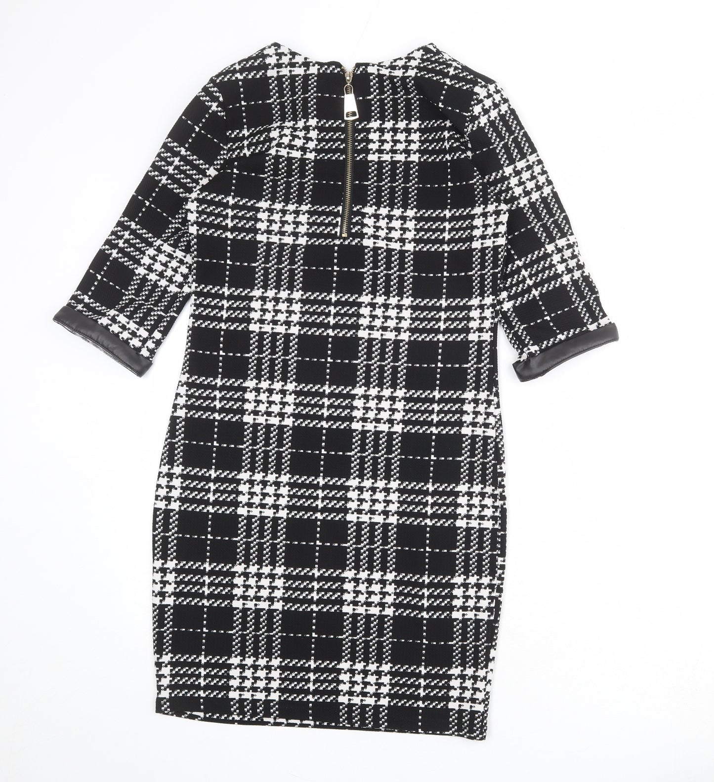Krisp Womens Black Plaid Polyester Pencil Dress Size 8 Round Neck Zip