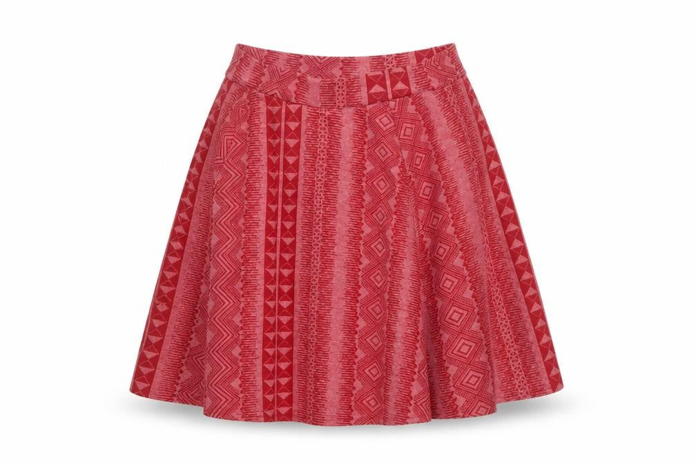 Front view of River Island women’s red geometric polyester swing skirt, size UK 10