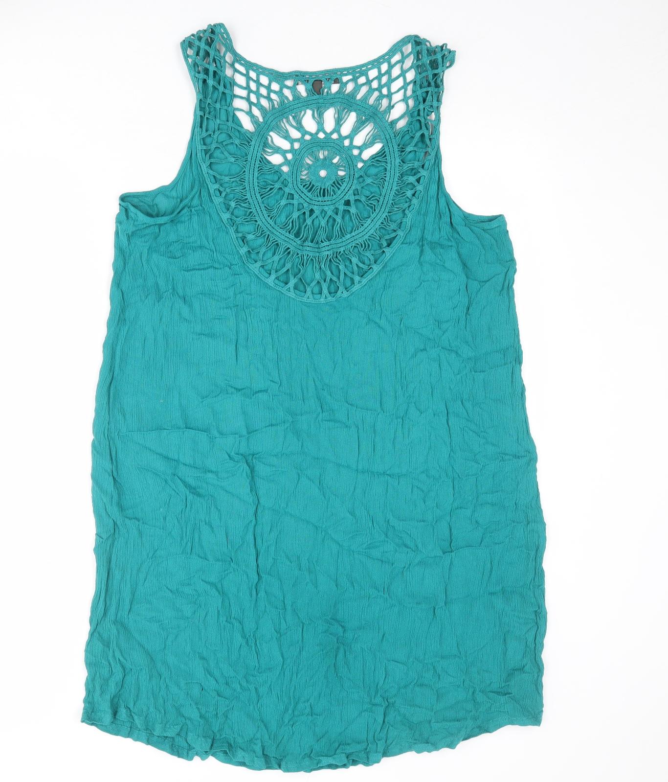 Bonmarché Womens Blue Viscose Tank Dress Size 18 Scoop Neck Pullover - Crochet Detail