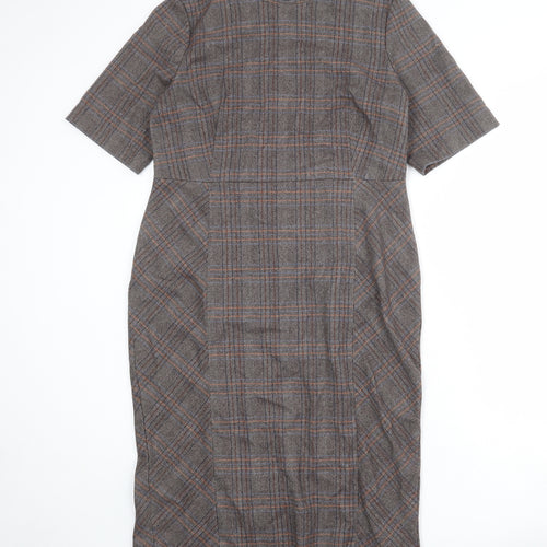 NEXT Womens Brown Plaid Polyester Pencil Dress Size 14 Round Neck Zip
