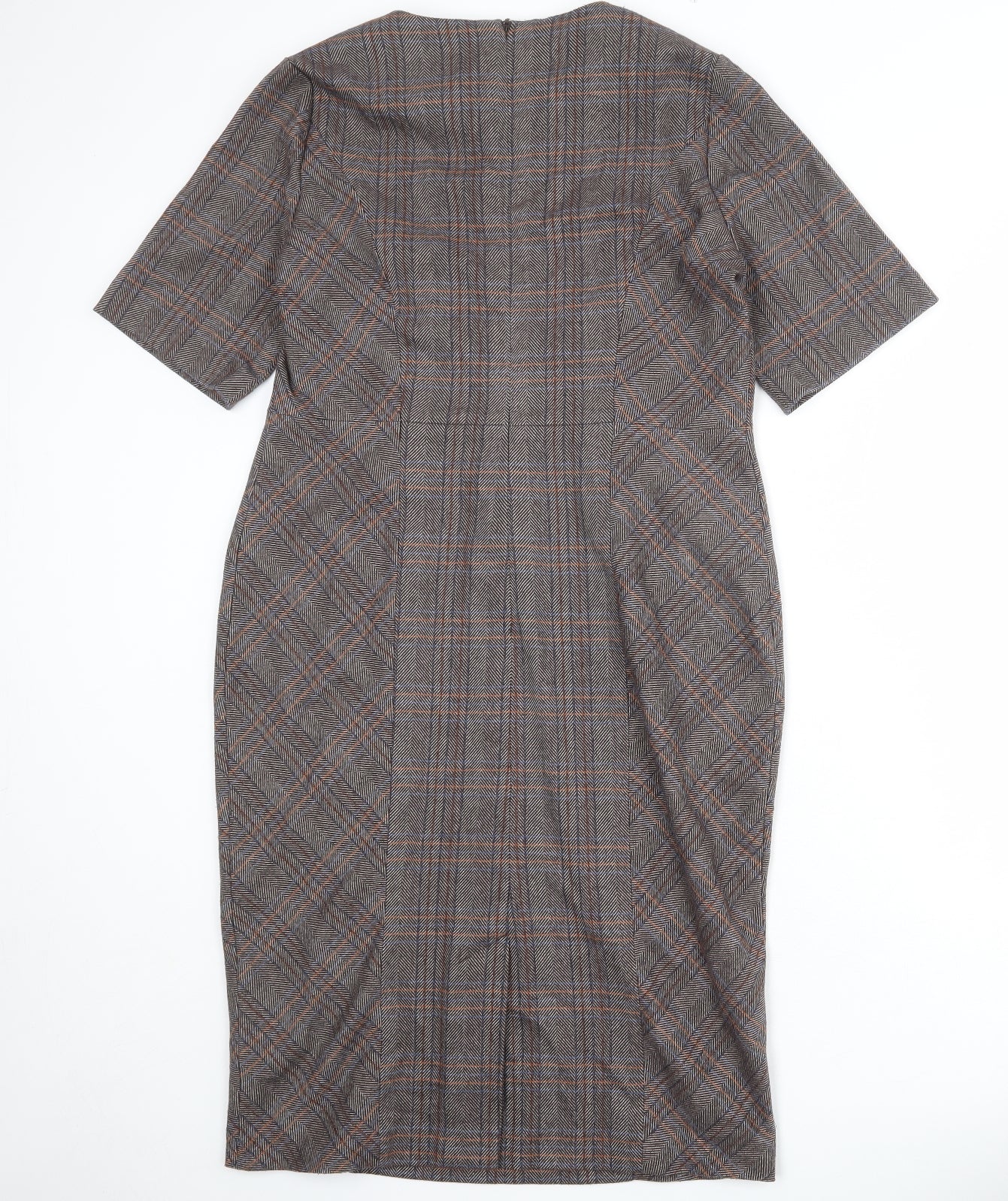 NEXT Womens Brown Plaid Polyester Pencil Dress Size 14 Round Neck Zip