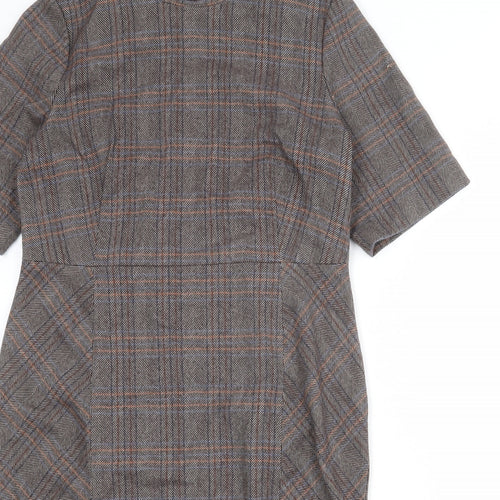 NEXT Womens Brown Plaid Polyester Pencil Dress Size 14 Round Neck Zip