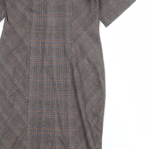 NEXT Womens Brown Plaid Polyester Pencil Dress Size 14 Round Neck Zip