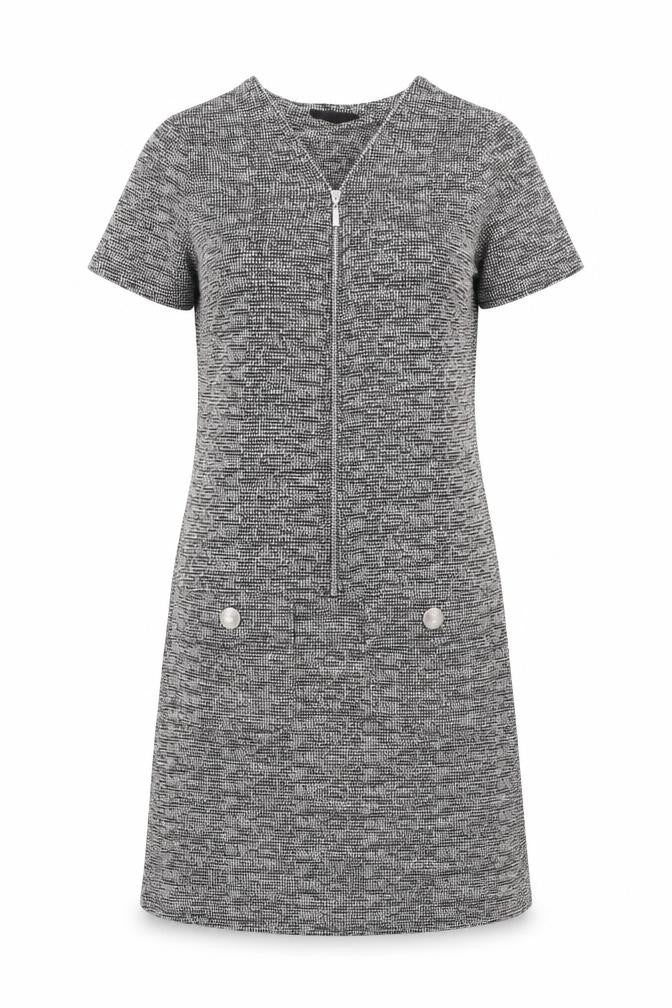 Front view of Wallis women’s grey geometric polyester a-line, size UK 8, v-neck zip