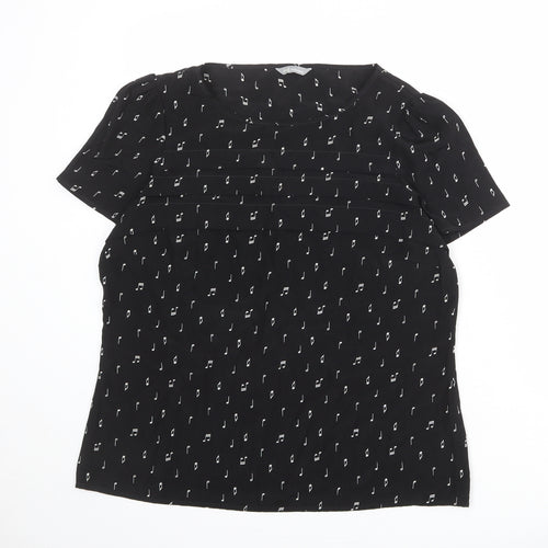 Marks and Spencer Womens Black Geometric Polyester Basic T-Shirt Size 10 Round Neck - Musical Note Pattern