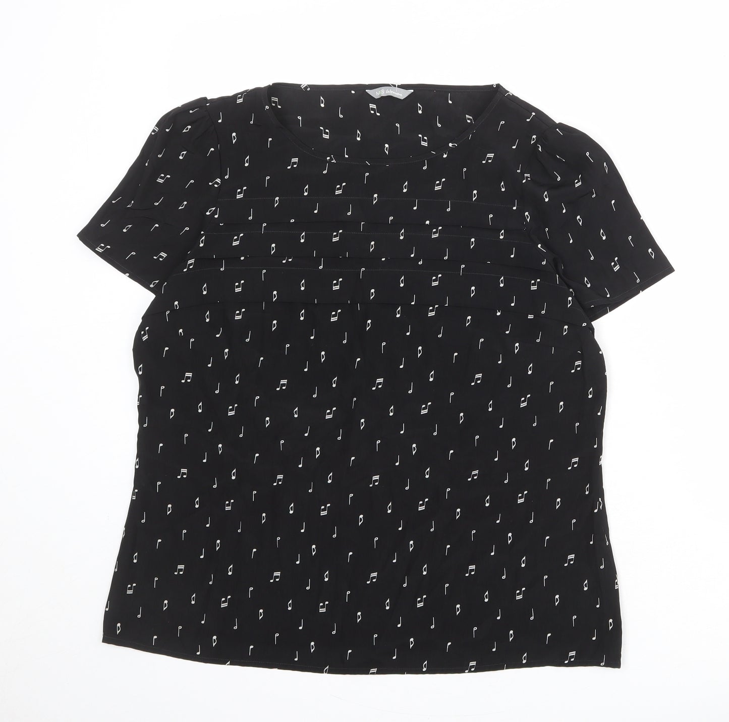 Marks and Spencer Womens Black Geometric Polyester Basic T-Shirt Size 10 Round Neck - Musical Note Pattern
