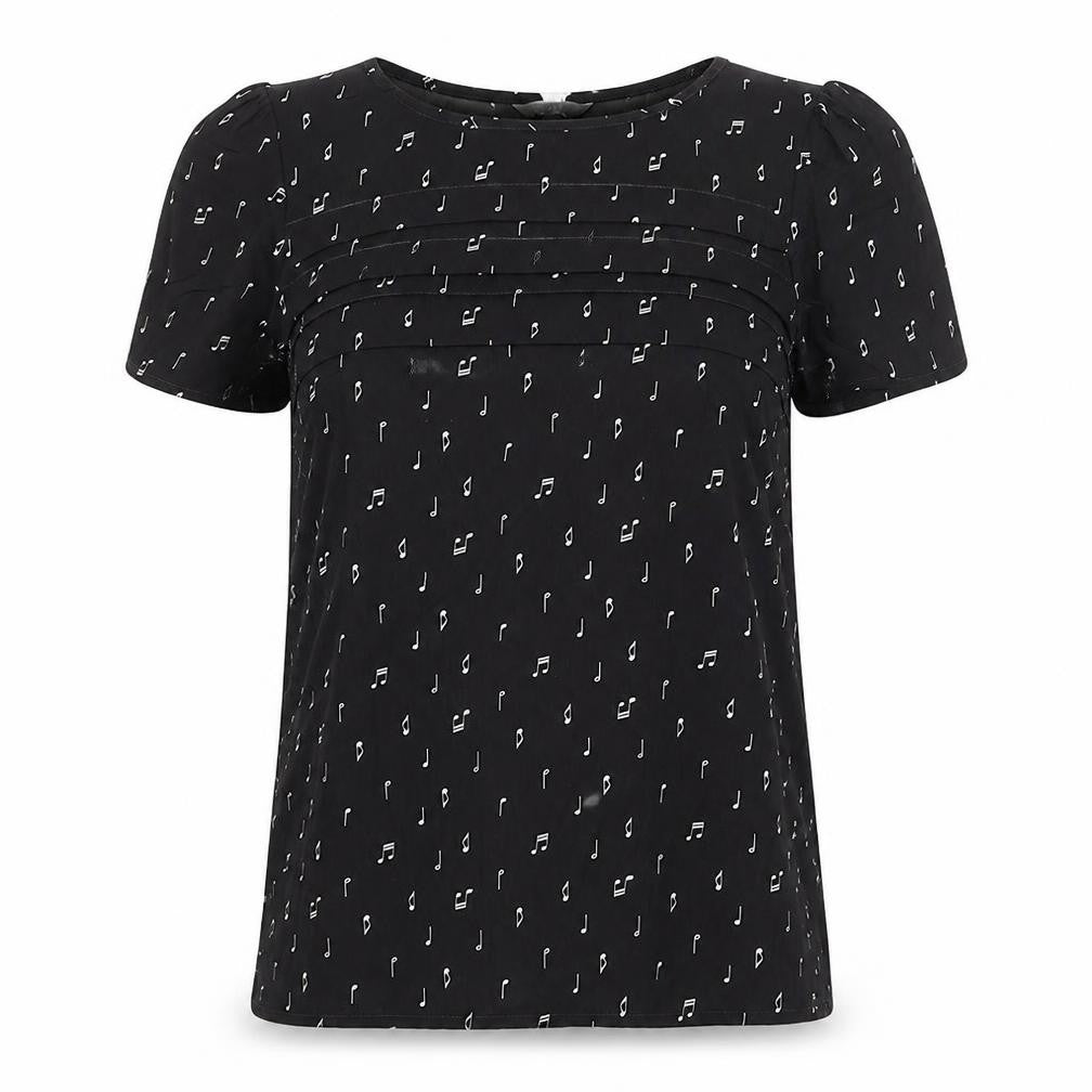 Front view of Marks & Spencer women’s black geometric polyester basic t-shirt, size UK 10, round neck - musical note pattern