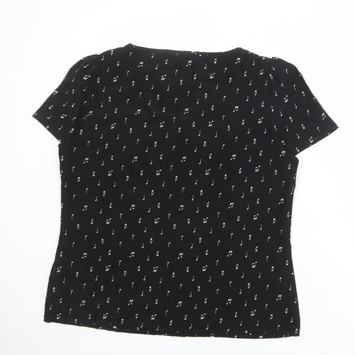 Marks and Spencer Womens Black Geometric Polyester Basic T-Shirt Size 10 Round Neck - Musical Note Pattern