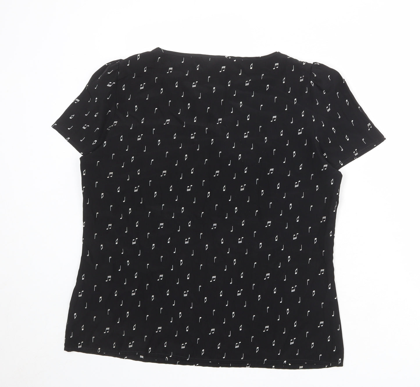 Marks and Spencer Womens Black Geometric Polyester Basic T-Shirt Size 10 Round Neck - Musical Note Pattern