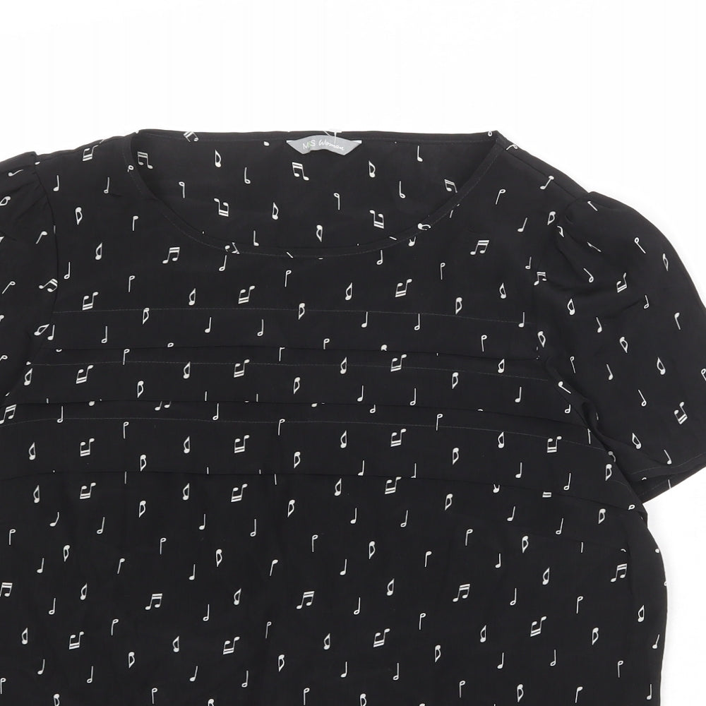 Marks and Spencer Womens Black Geometric Polyester Basic T-Shirt Size 10 Round Neck - Musical Note Pattern