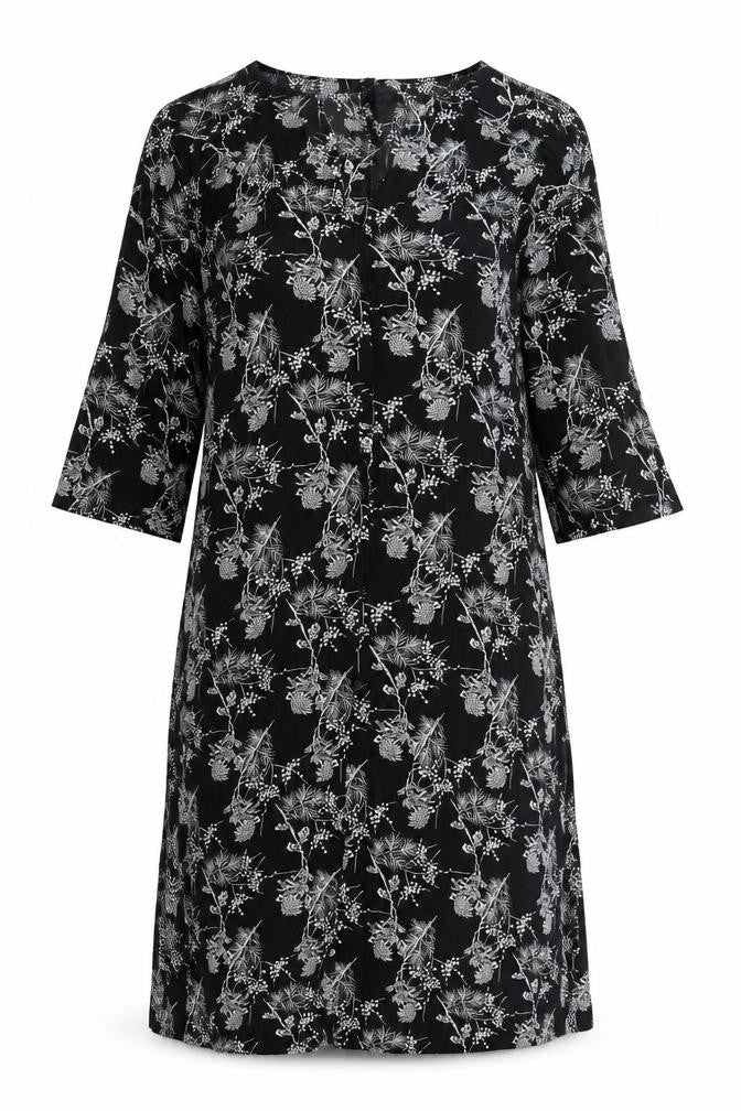 Front view of H&M women’s black geometric polyester a-line, size S, v-neck button