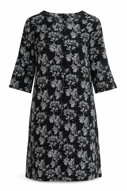 Front view of H&M women’s black geometric polyester a-line, size S, v-neck button