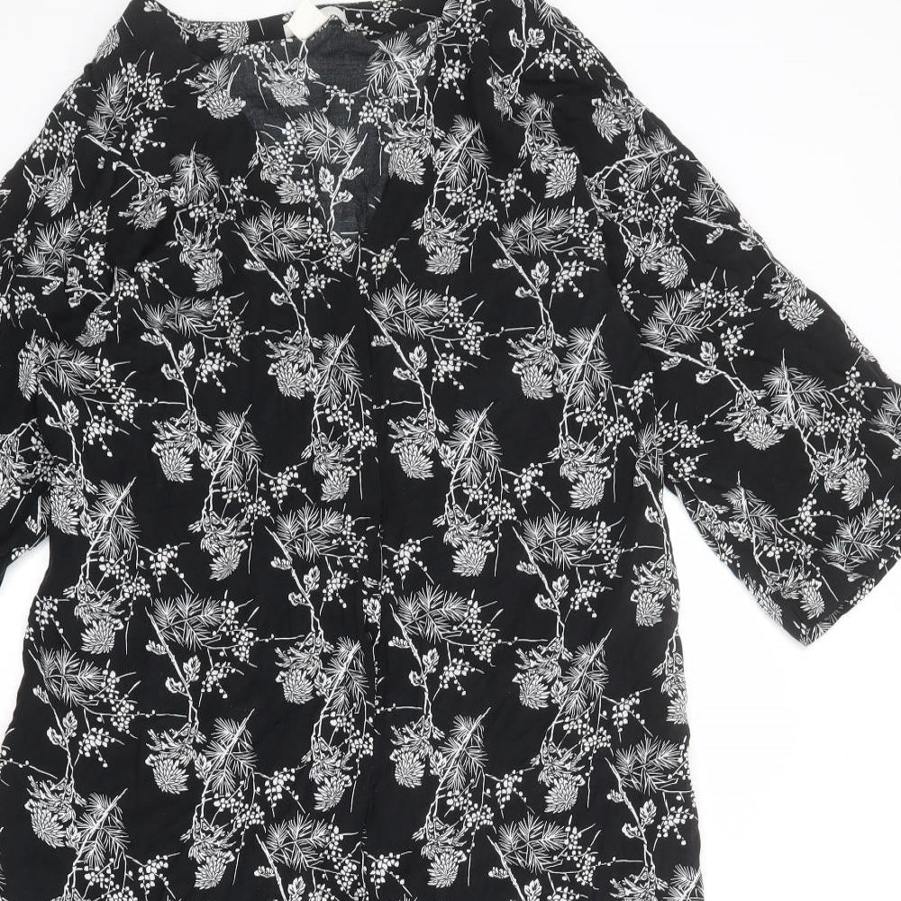 H&M Womens Black Geometric Polyester A-Line Size S V-Neck Button