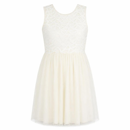 Front view of Miss Selfridge women’s ivory geometric polyester fit & flare, size UK 6, round neck