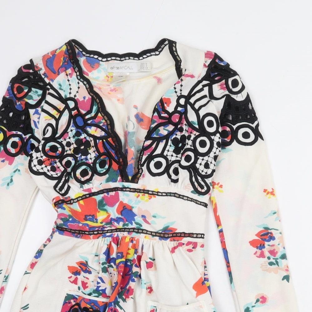 Alice McCALL Womens White Geometric Polyester A-Line Size 6 V-Neck Zip