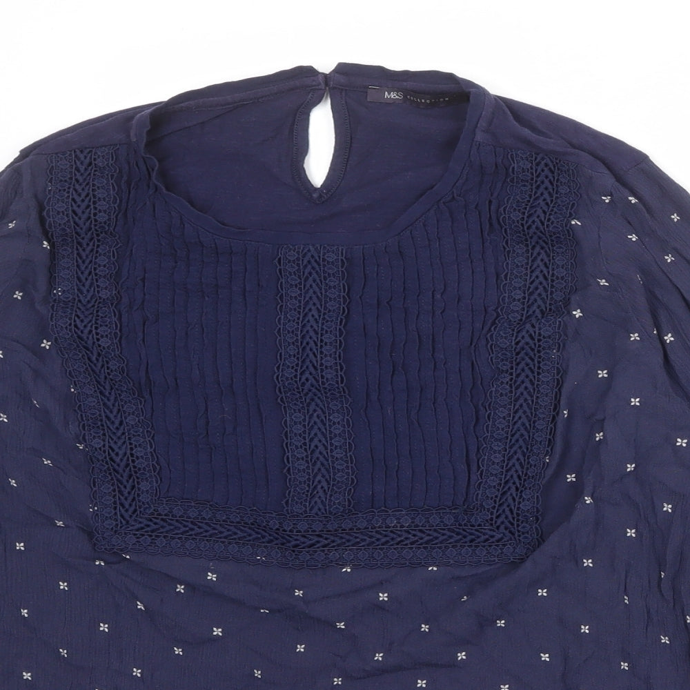 Marks and Spencer Womens Blue Geometric Viscose Basic Blouse Size 16 Round Neck