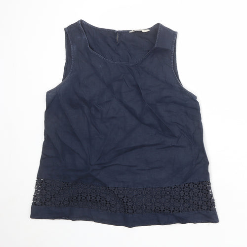 Monsoon Womens Blue Linen Basic Tank Size 12 Boat Neck - Crochet Detail