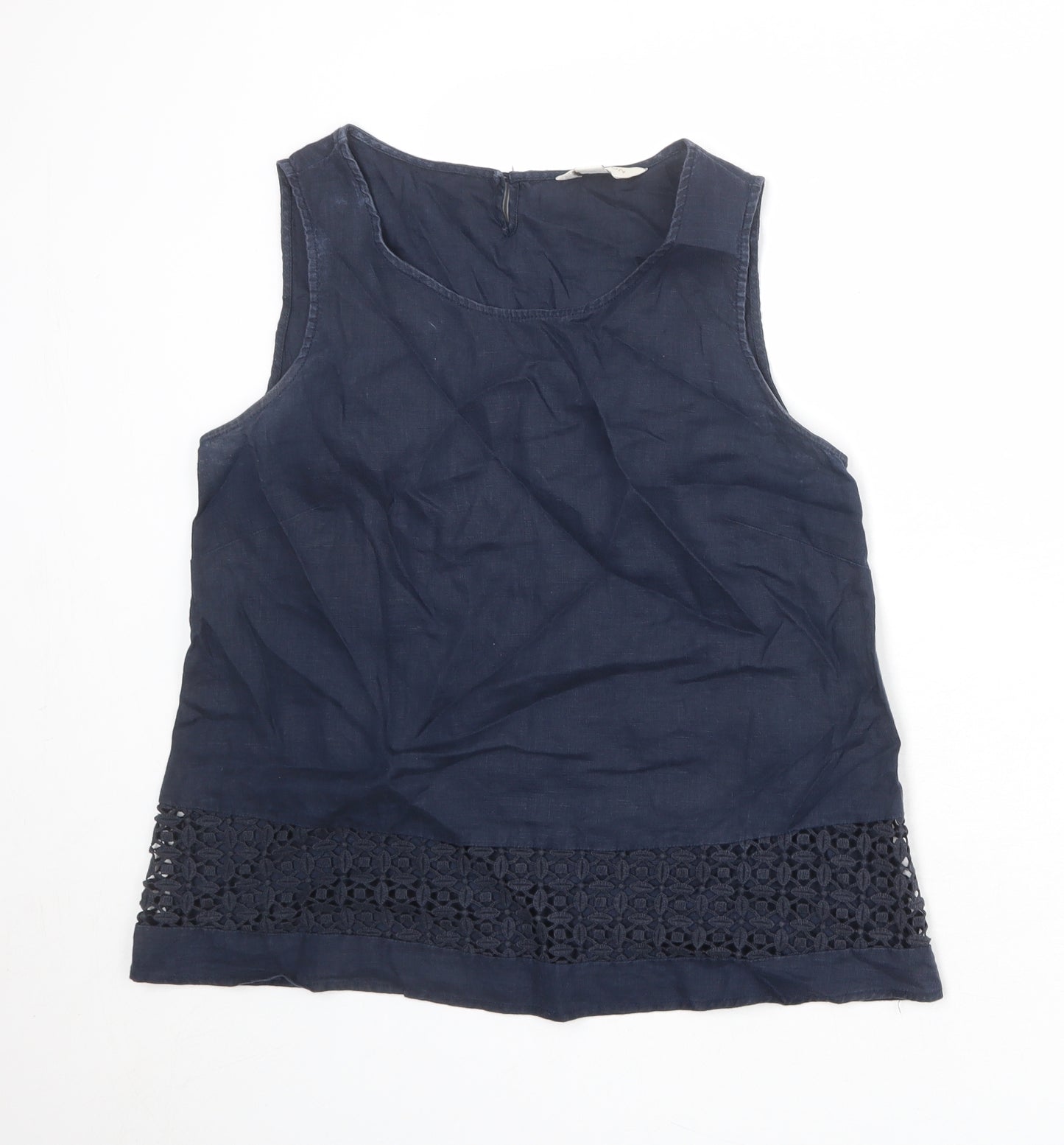 Monsoon Womens Blue Linen Basic Tank Size 12 Boat Neck - Crochet Detail