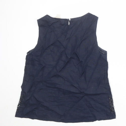 Monsoon Womens Blue Linen Basic Tank Size 12 Boat Neck - Crochet Detail