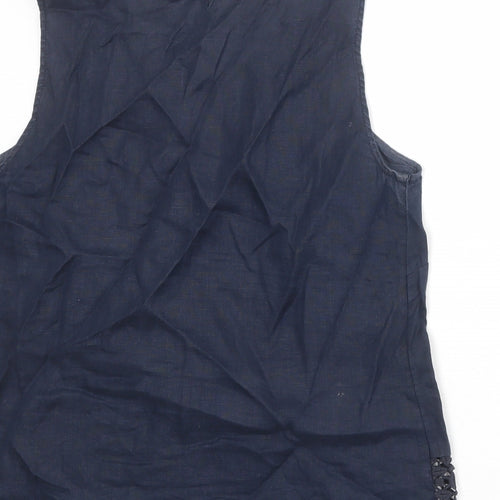 Monsoon Womens Blue Linen Basic Tank Size 12 Boat Neck - Crochet Detail