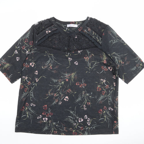Per Una Womens Grey Floral Cotton Basic T-Shirt Size 16 Round Neck - Lace Detail