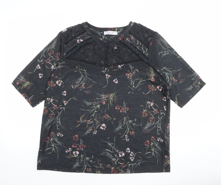 Per Una Womens Grey Floral Cotton Basic T-Shirt Size 16 Round Neck - Lace Detail