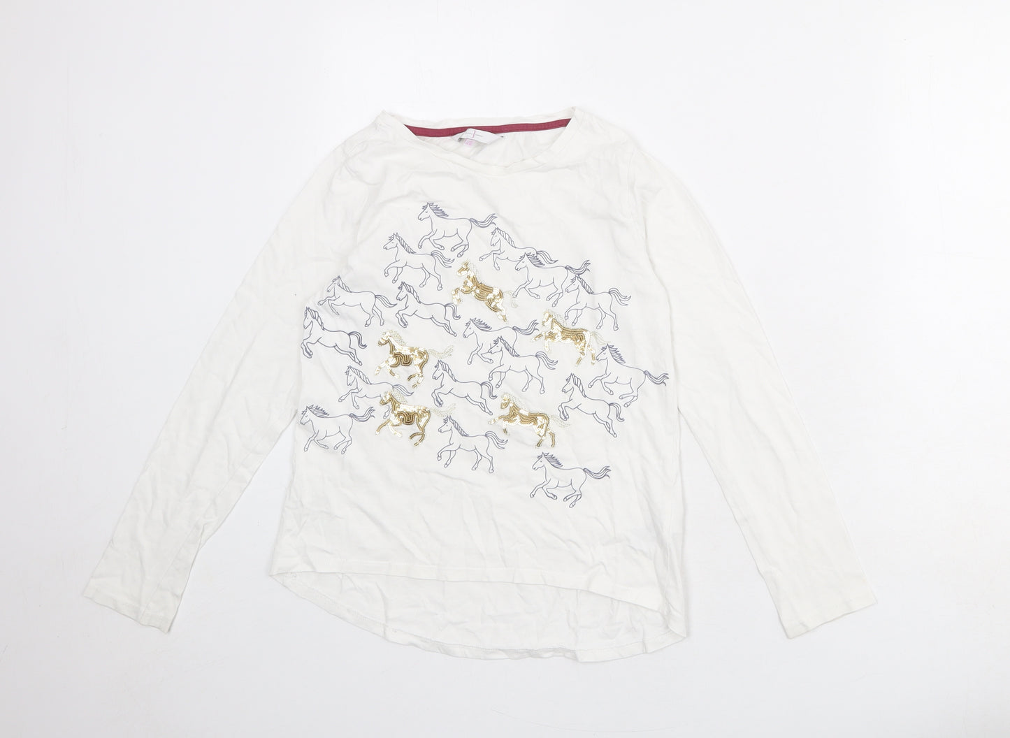 Jasper Conran Girls White Geometric 100% Cotton Basic T-Shirt Size 11-12 Years Round Neck Pullover - Horses Print