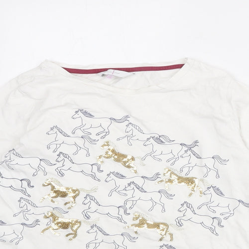 Jasper Conran Girls White Geometric 100% Cotton Basic T-Shirt Size 11-12 Years Round Neck Pullover - Horses Print