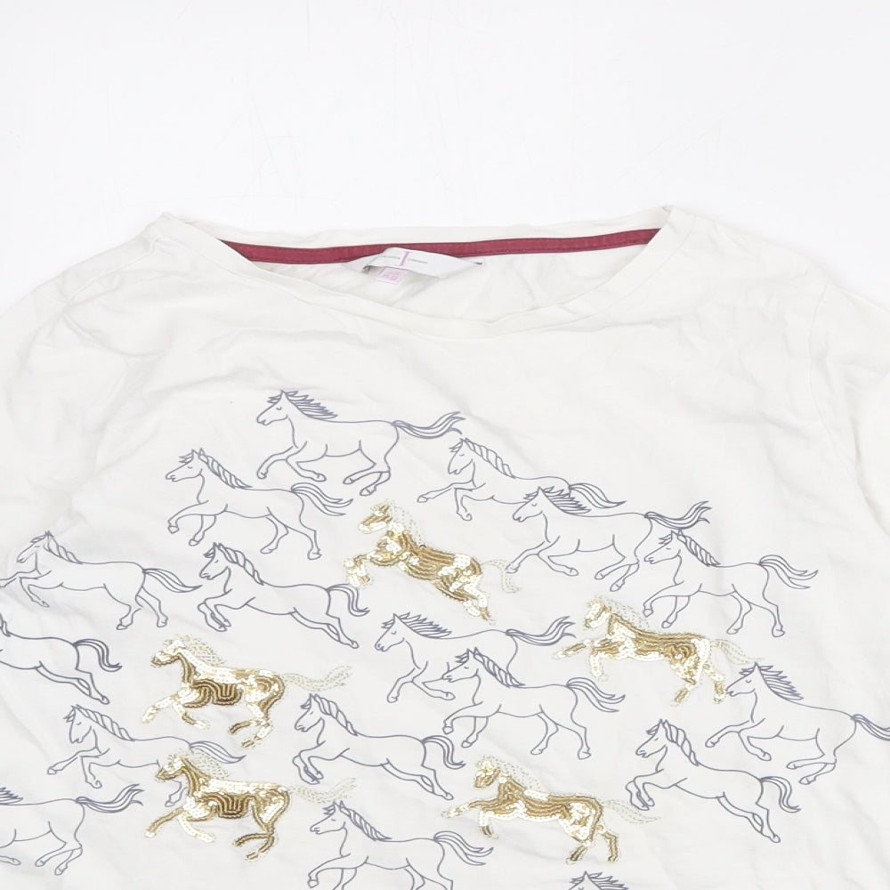 Jasper Conran Girls White Geometric 100% Cotton Basic T-Shirt Size 11-12 Years Round Neck Pullover - Horses Print