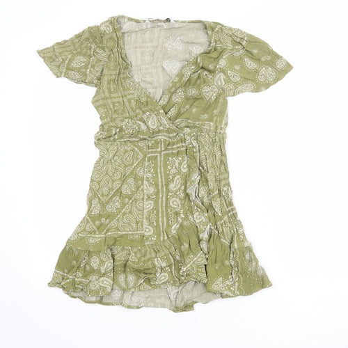 Zara Womens Green Geometric Viscose Mini Size S V-Neck Pullover