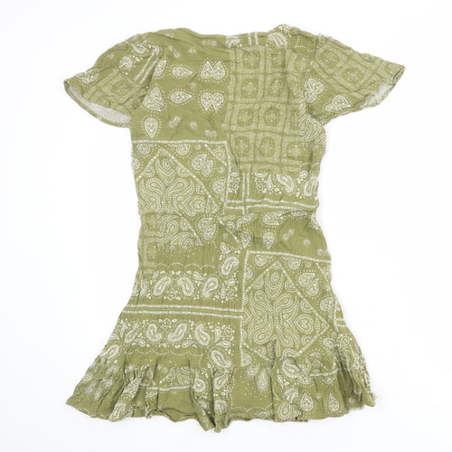 Zara Womens Green Geometric Viscose Mini Size S V-Neck Pullover