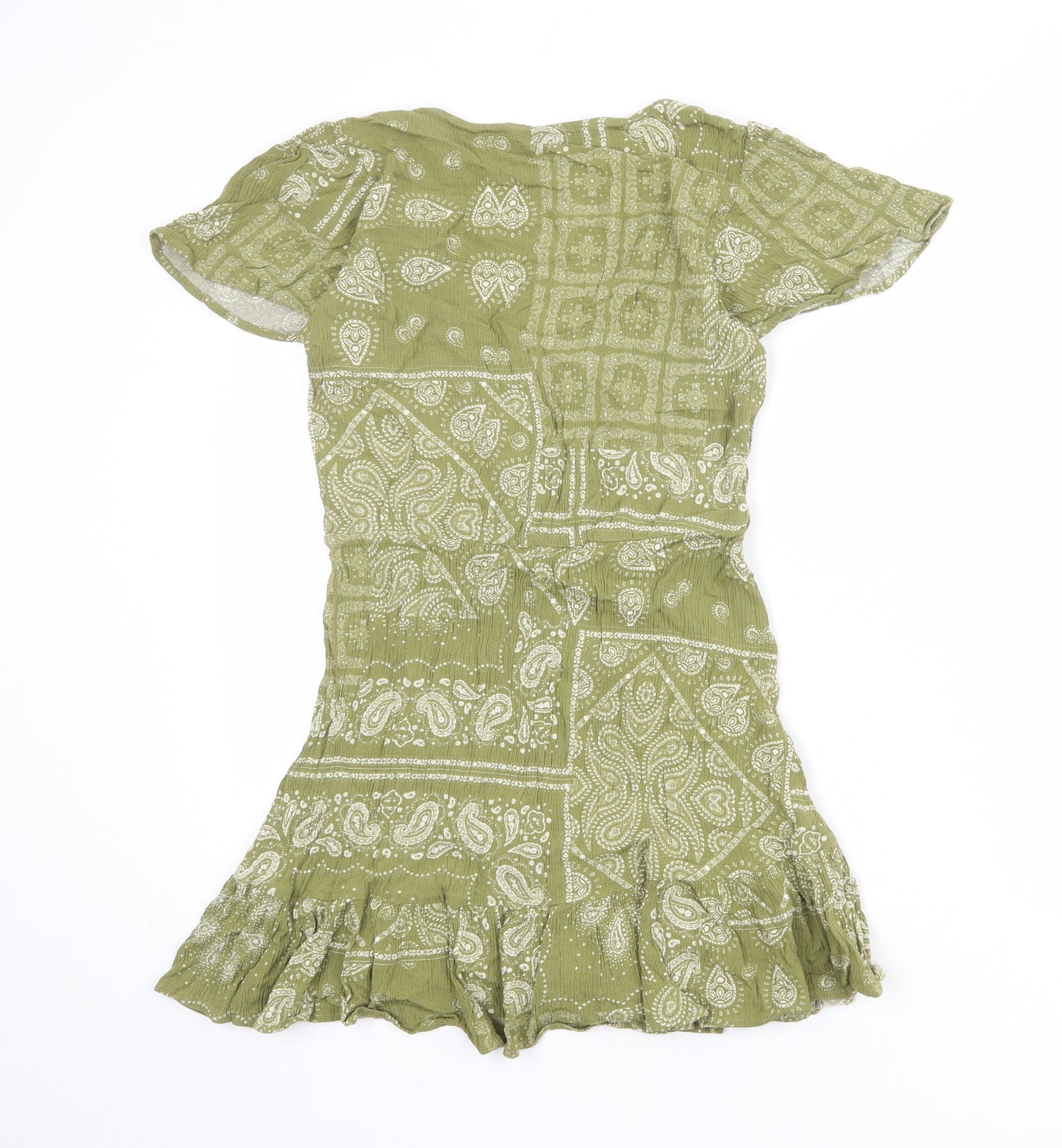 Zara Womens Green Geometric Viscose Mini Size S V-Neck Pullover