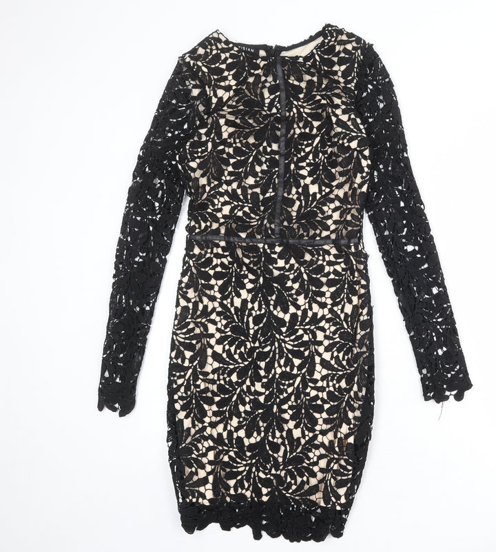 Parisian Womens Black Geometric Polyester A-Line Size 8 Round Neck Zip