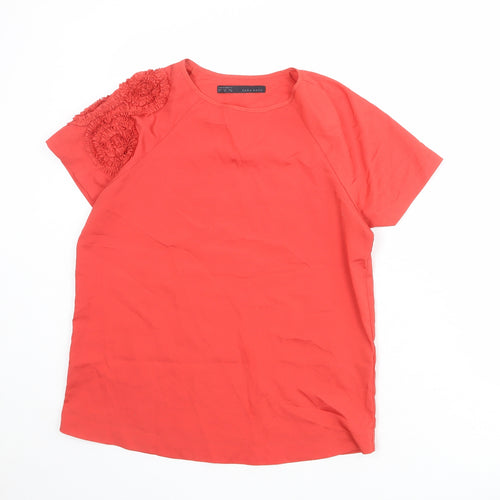 Zara Womens Red Polyester Basic Blouse Size M Round Neck - Shoulder Detail
