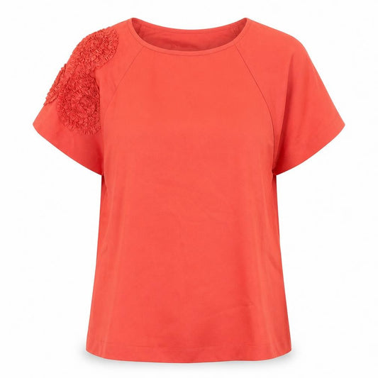 Front view of Zara women’s red polyester basic blouse, size M, round neck - shoulder detail