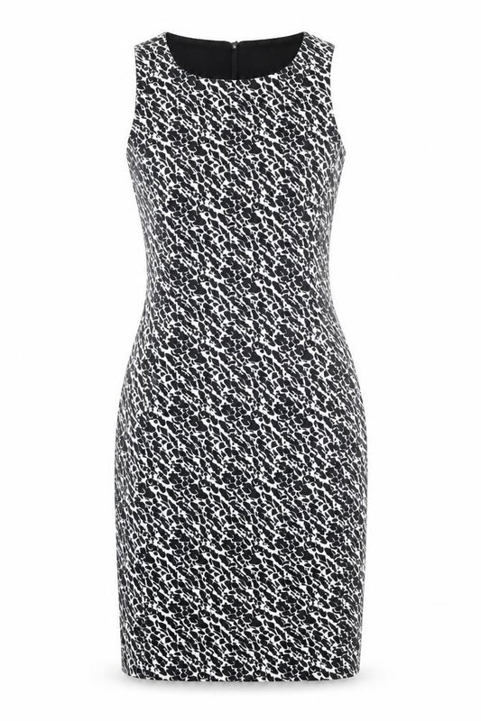Front view of H&M women’s black geometric polyester shift, size S, round neck zip