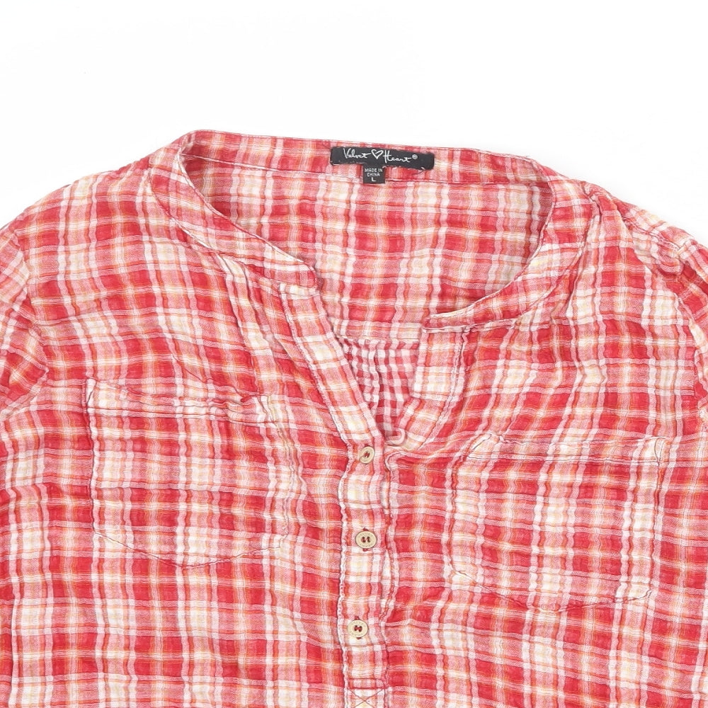Velvet Heart Womens Red Plaid Cotton Basic Blouse Size L V-Neck
