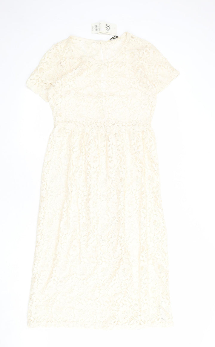 Miss Selfridge Womens Ivory Geometric Cotton A-Line Size 10 Round Neck Button