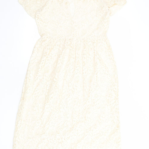 Miss Selfridge Womens Ivory Geometric Cotton A-Line Size 10 Round Neck Button