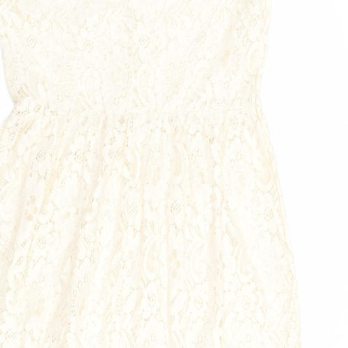 Miss Selfridge Womens Ivory Geometric Cotton A-Line Size 10 Round Neck Button