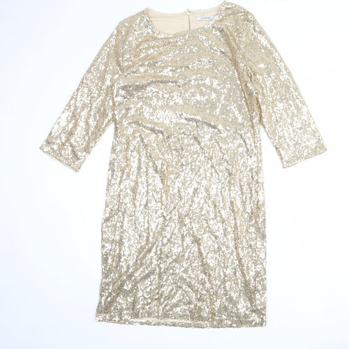 Simply Stockshop Womens Gold Polyester Shift Size M Round Neck Zip