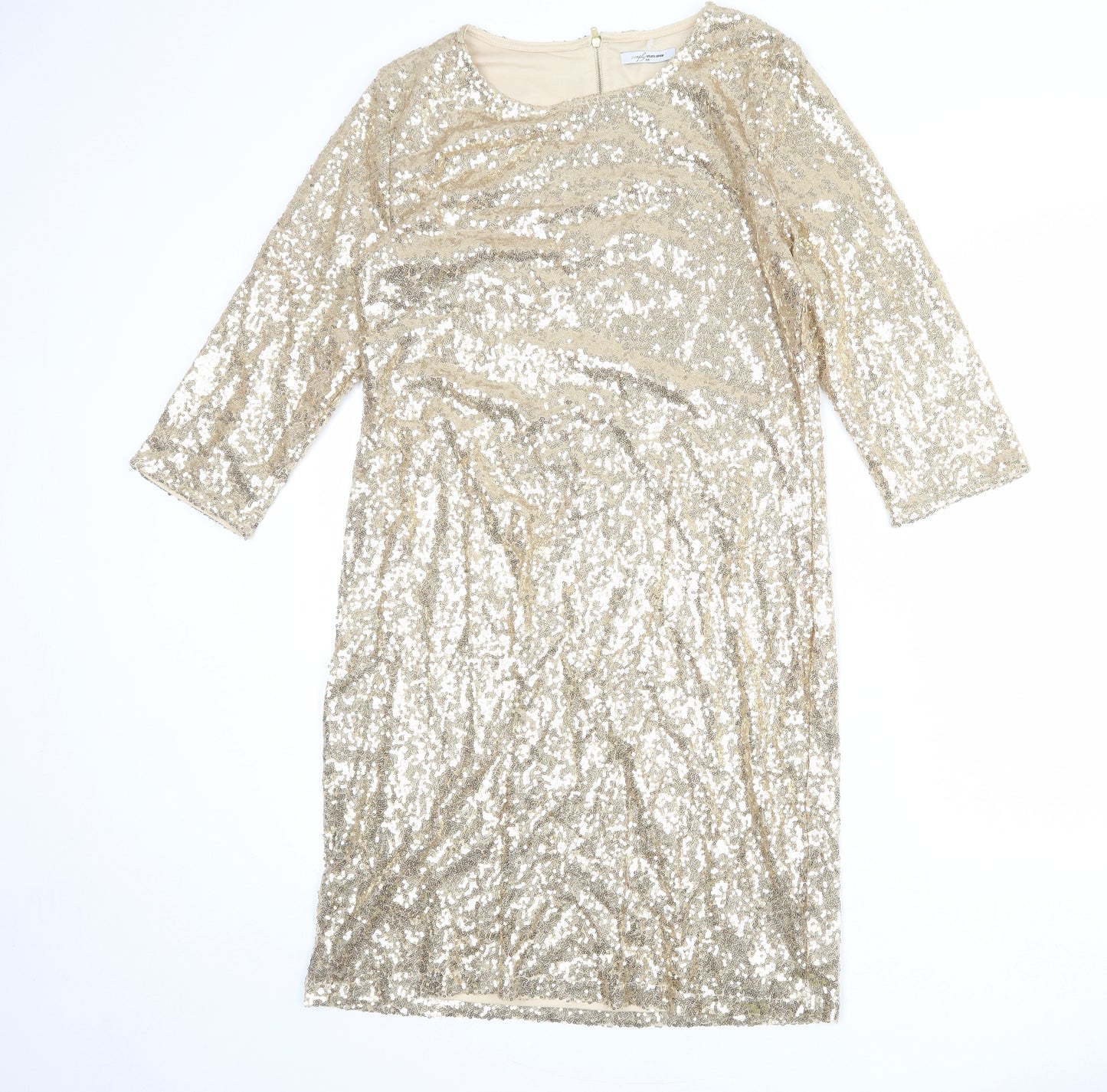 Simply Stockshop Womens Gold Polyester Shift Size M Round Neck Zip
