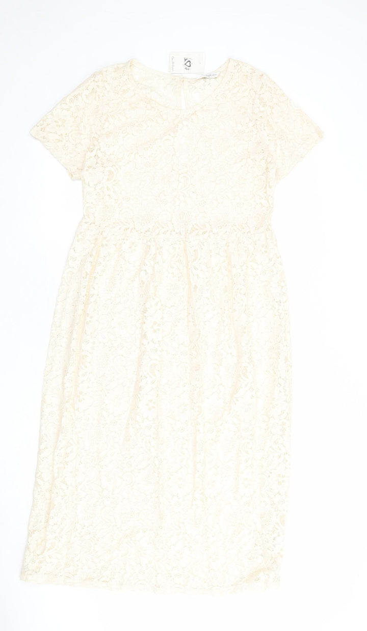 Miss Selfridge Womens Ivory Cotton A-Line Size 12 Round Neck Button